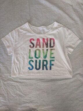 Decree White Crop Tee with Pink, Green & Blue 'SAND LOVE SURF' Graphic